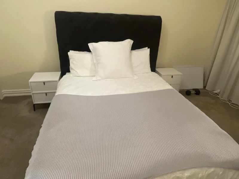 Queen bed frame and mattress, study table, drawers, fridge, small beds...