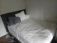 Queen sized bed incl headboard, Bedside Tables, Tall black & metal tab...