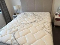 Queen bed, Queen base, Headboard, Side table, Side table, Lampshade, L...