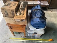 King single bed, Plastic storage boxes (3), Stackable table set, Cardb...