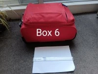 Box 1. Transparent small box, Box 2. Shoe box, Box 3. White cloth bag,...