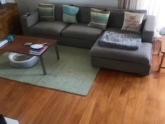 Large L shaped sofa in 2 peices, 6 light dining chairs plywood and ste...