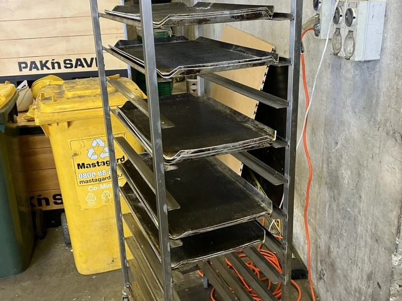Bakery Rack and Tray and 4x Long flat deck trolleys