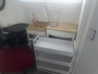 Drawers, foot stool, rug, camping shelves unit x 2