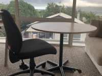 Queen mattress, Round cafe table 90x90cm, Office chair, 1x standing mi...