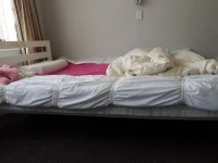 Bed, fridge, sofa, desk