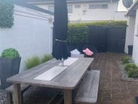 Outdoor Table, 2 x bench seats, Outdoor umbrella