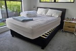 Queen bed, queen bed base, desk, chair, washing machine, eski, bed hea...