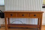 Leather two seat couch, hallway table, 4 x dining chairs, display cabi...