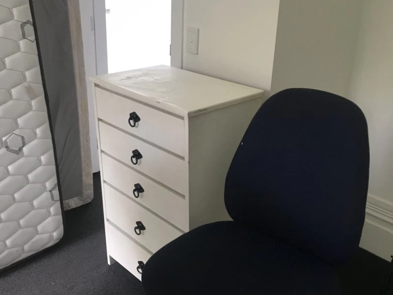 Queen bed, drawers, desk, office chair