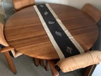 Dining table round. Top maybe taken off base for ease., 6 dining chair...