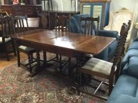 Oak jacobean twist extension table, 6 dining chairs