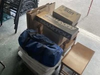 King single bed, Plastic storage boxes (3), Stackable table set, Cardb...