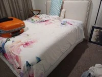 Queen bed + headboard, 4 piece table & chairs, Hall table, 2 barstools...