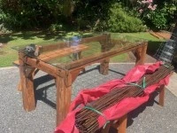 Out door table and two bench seats approx 2 m long by 1 m high and 3 S...