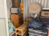 Queen mattress, Chest of drawers, A few boxes, Laundry basket, A few s...
