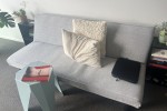 Queen mattress, Sofa, Fridge