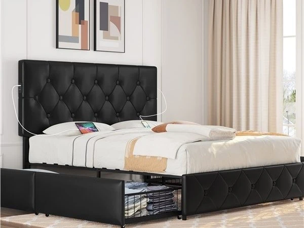 Queen Size Bed Frame with 4 Storage Drawers and USB Ports