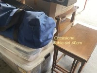 King single bed, Plastic storage boxes (3), Stackable table set, Cardb...