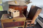 Small chest of draws, Chair, paintings about 6, 20 l container with fr...