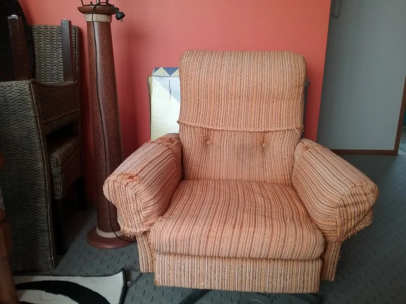 3 seater couch and 2 chairs, roll of fabric