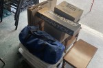 King single bed, Plastic storage boxes (3), Stackable table set, Cardb...