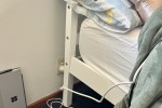 Queen bed, Bamboo shelves, Two low wooden shoe racks, Small desk, Sing...