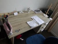 Bed, fridge, sofa, desk