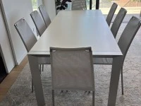 Dining table 160x90x75cm and 8 chairs light stackable