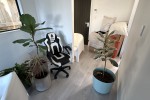 King bed, Shelving units, Shelving units, Lots of boxes, 2 plastic cha...