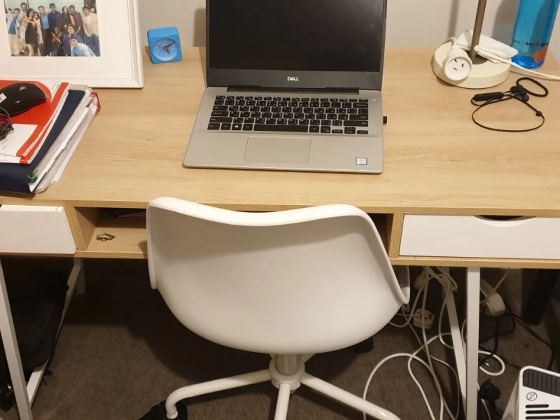 Single bed, small desk, office chair