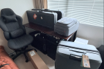 Gaming chair, table, filing cabinet, luggage bags, guitars hard cases