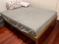 Double bed and frame, Kmart 4-tier shelf, Kmart single drawer nightsta...