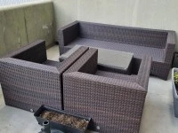 Queen Bed base, mattress and headboard, 3 Seater Sofa and footstool, W...