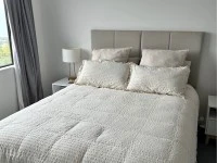 Queen bed, Queen base, Headboard, Side table, Side table, Lampshade, L...