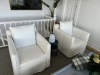 2 White 100% Linen Armchairs - RRP $3,600. Grab a bargain, Armchair