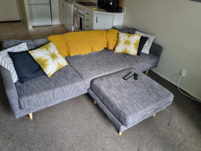 Queen Bed base, mattress and headboard, 3 Seater Sofa and footstool, W...