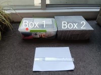 Box 1. Transparent small box, Box 2. Shoe box, Box 3. White cloth bag,...