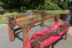 Out door table and two bench seats approx 2 m long by 1 m high and 3 S...