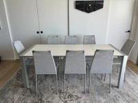 Dining table 160x90x75cm and 8 chairs light stackable