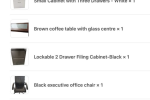 L shaped table, chair, drawer and coffee table