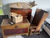 Small chest of draws, Chair, paintings about 6, 20 l container with fr...