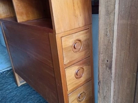 Single head board with shelf and drawers
