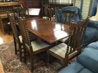 Oak jacobean twist extension table, 6 dining chairs