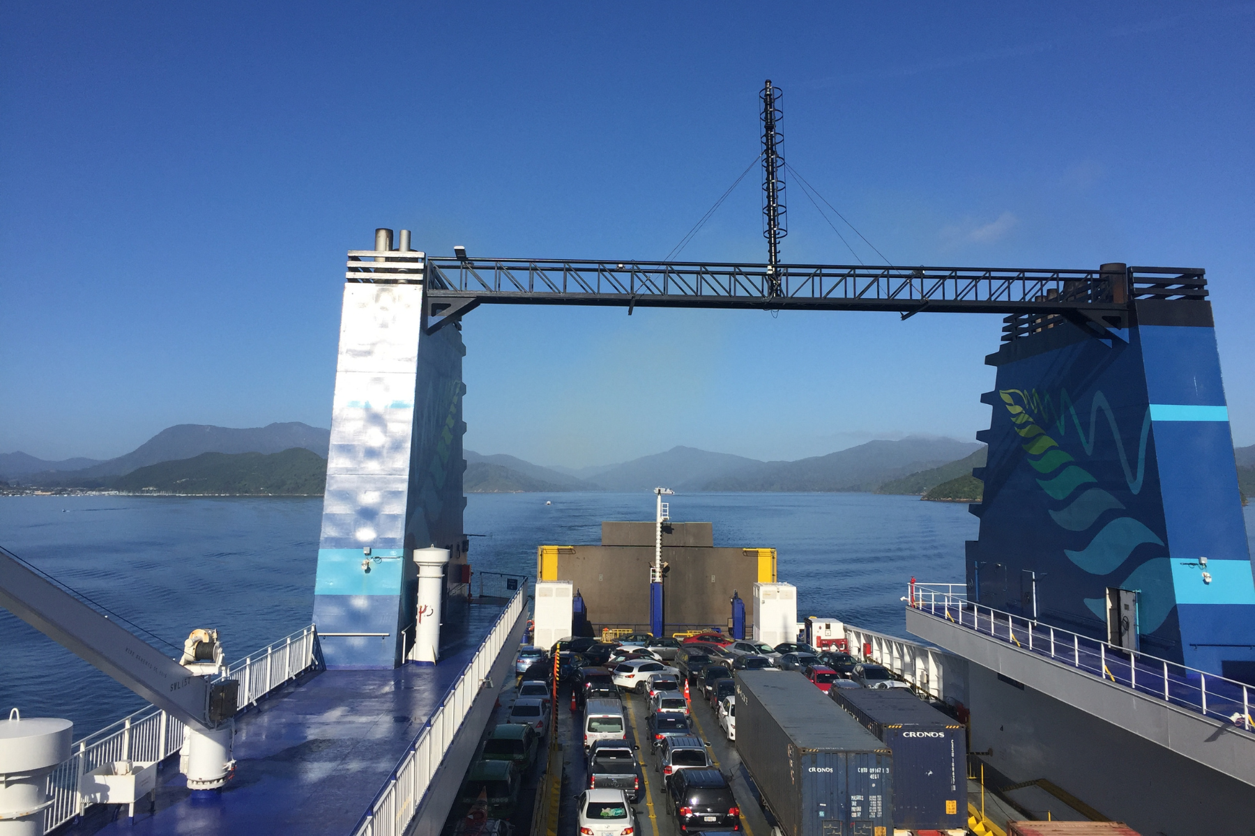 Cars on ferry crossing the Cook Straight in New Zealand