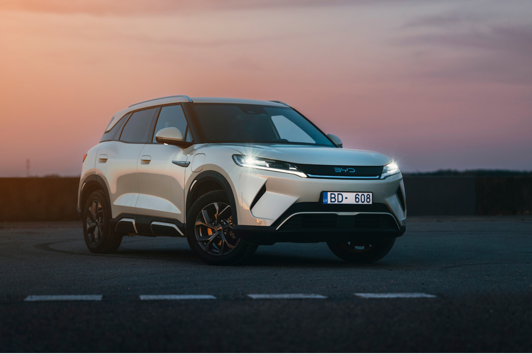 The all new Family sized fully electric BYD Atto2 vehicle exterior captured outdoors during sunset