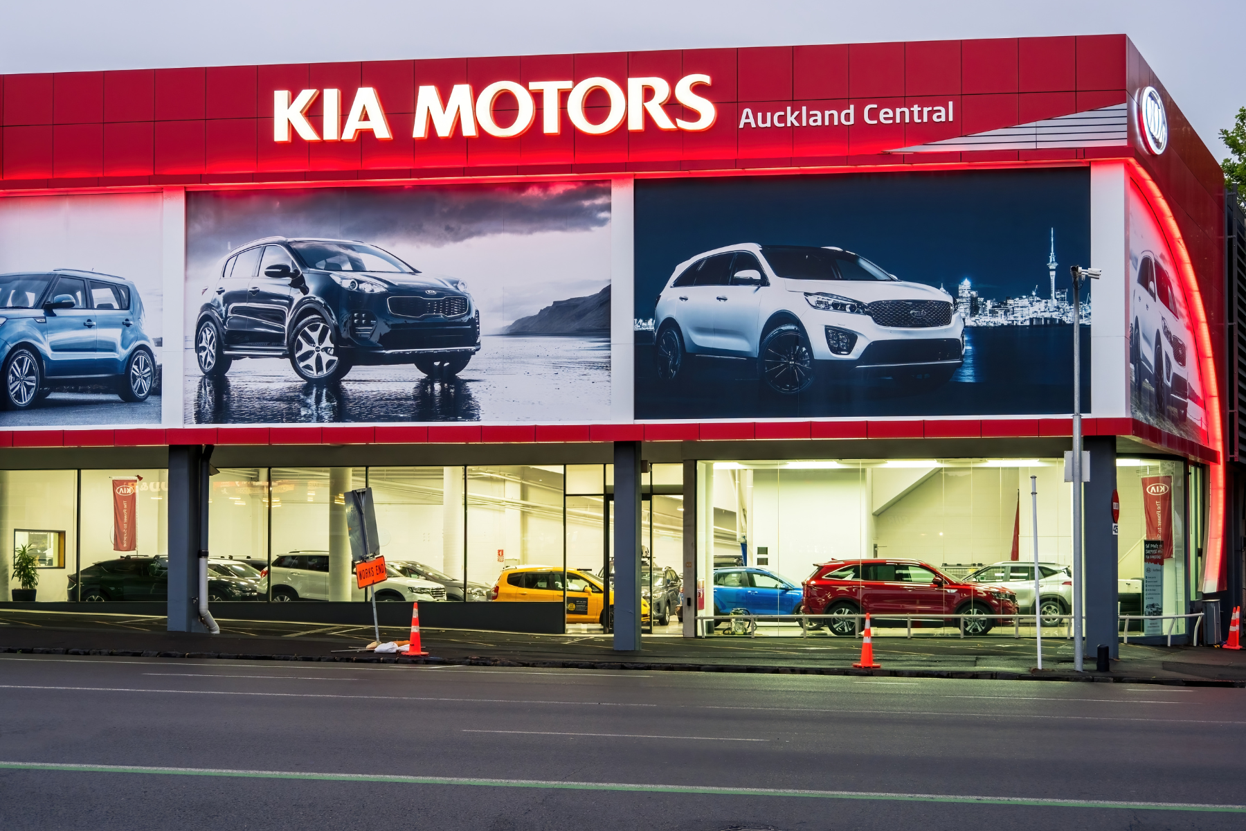 Newmarket Kia Motors dealership in evening light. Auckland