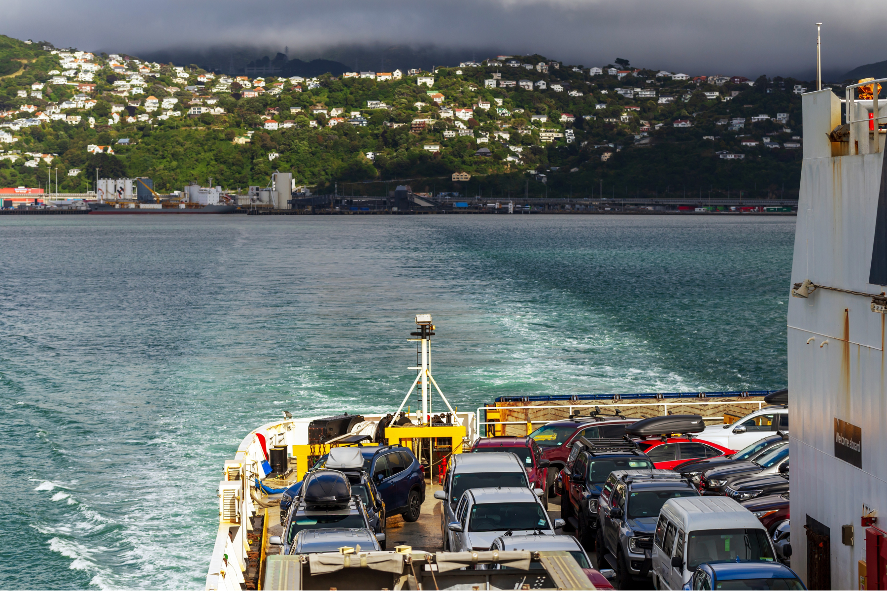 Cars aboard the Interislander Ferry as it departs Wellington