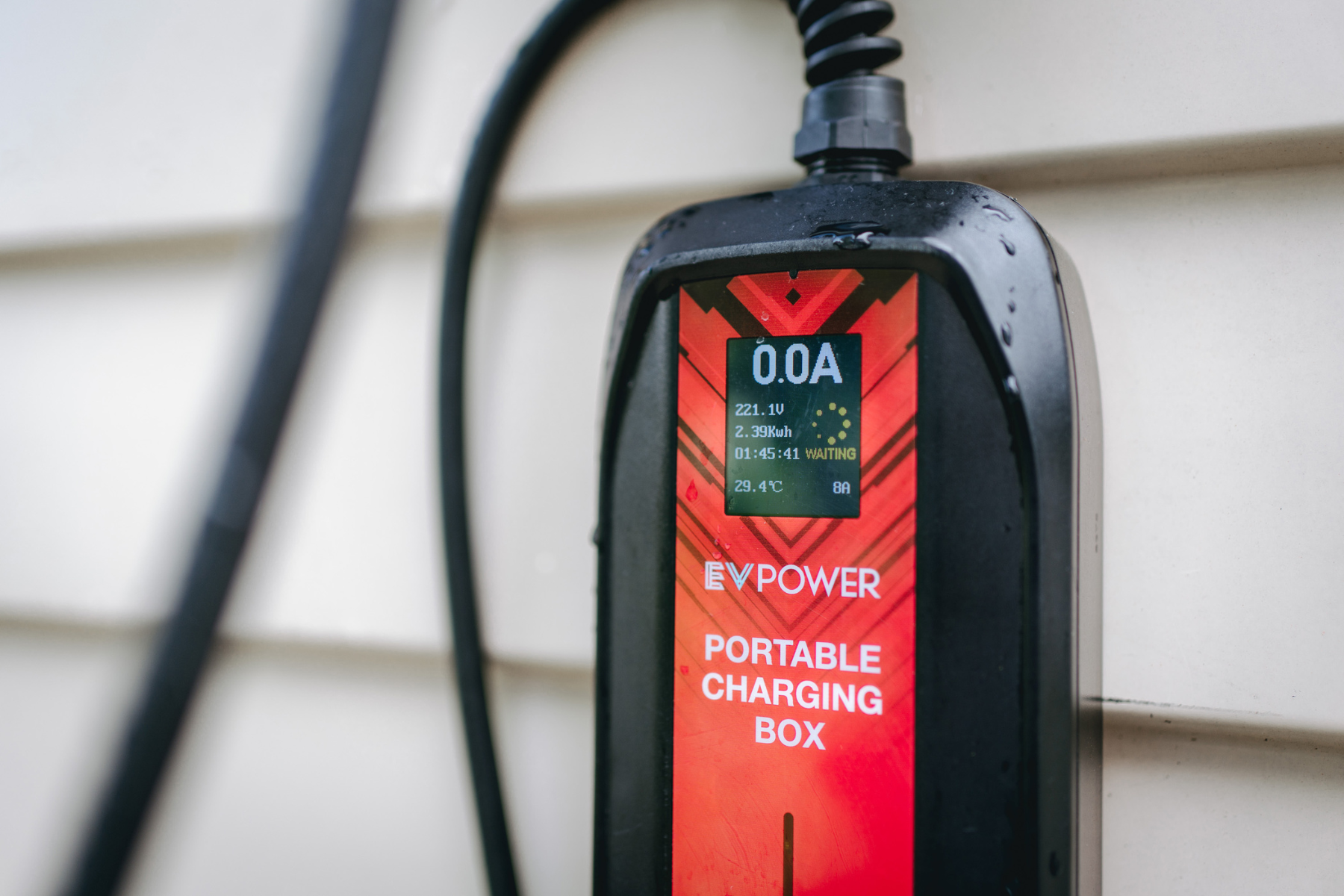 Portable EV home charger display showing charging status