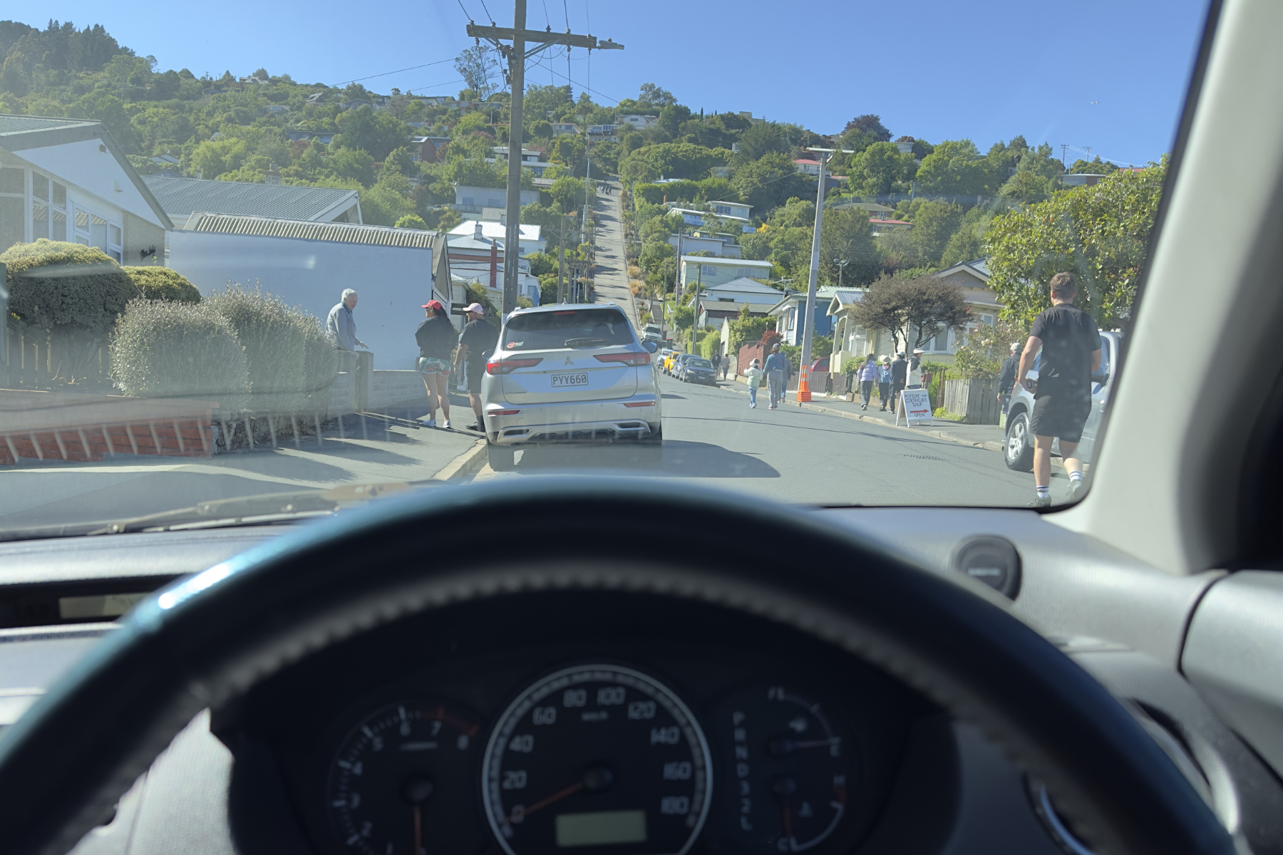 Inside car on Baldwin Street in Otago near Otago University campus